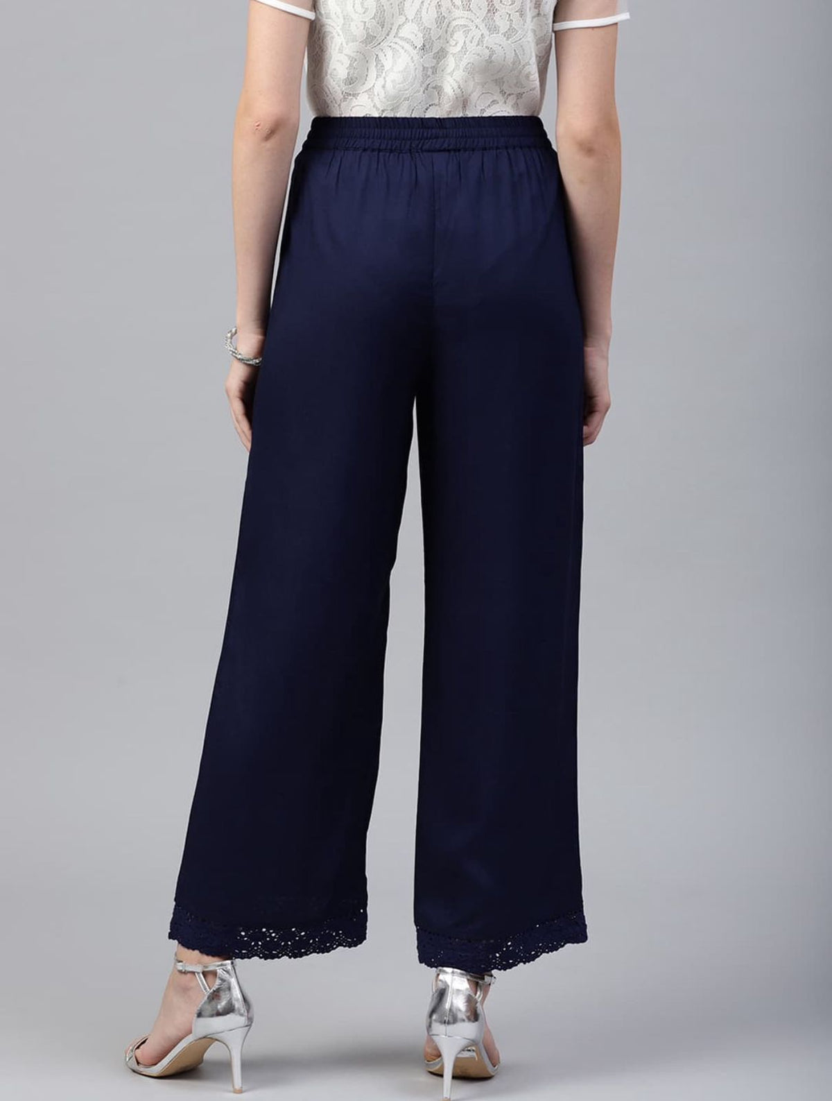 Navy Blue Lace Detail Palazzo Pants for Women - view 4