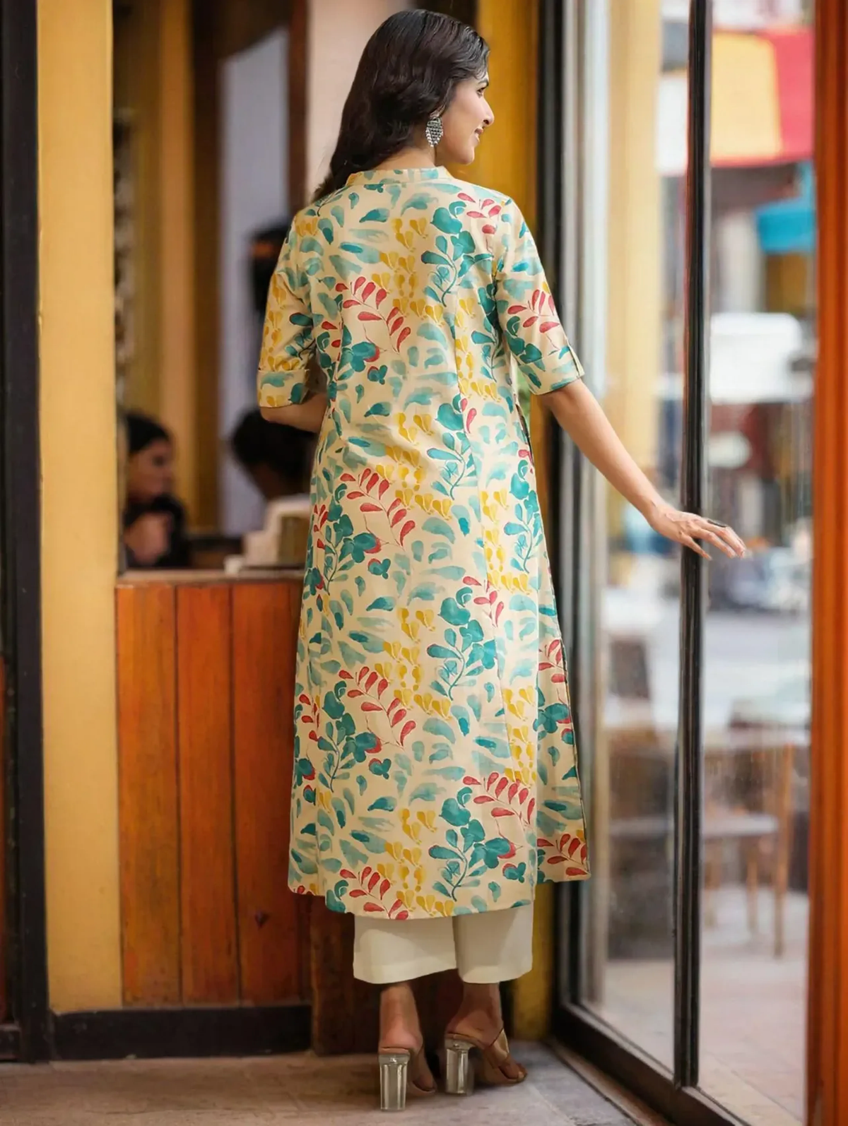 Beige Floral Block Print A-Line Kurta - view 4