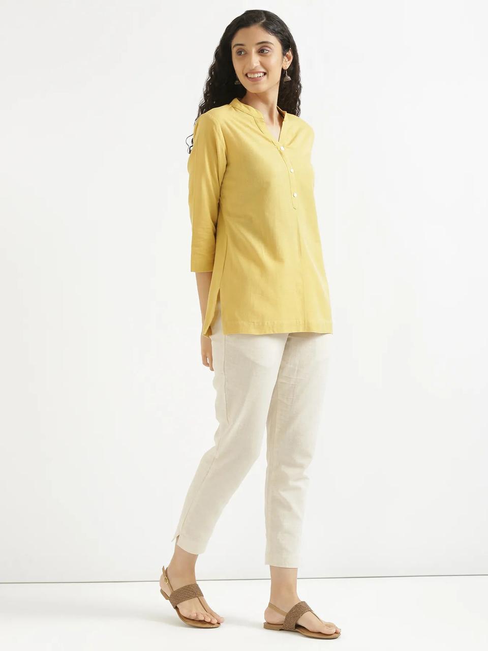 Yellow Mandarin Collar Cotton Short Kurti - view 3