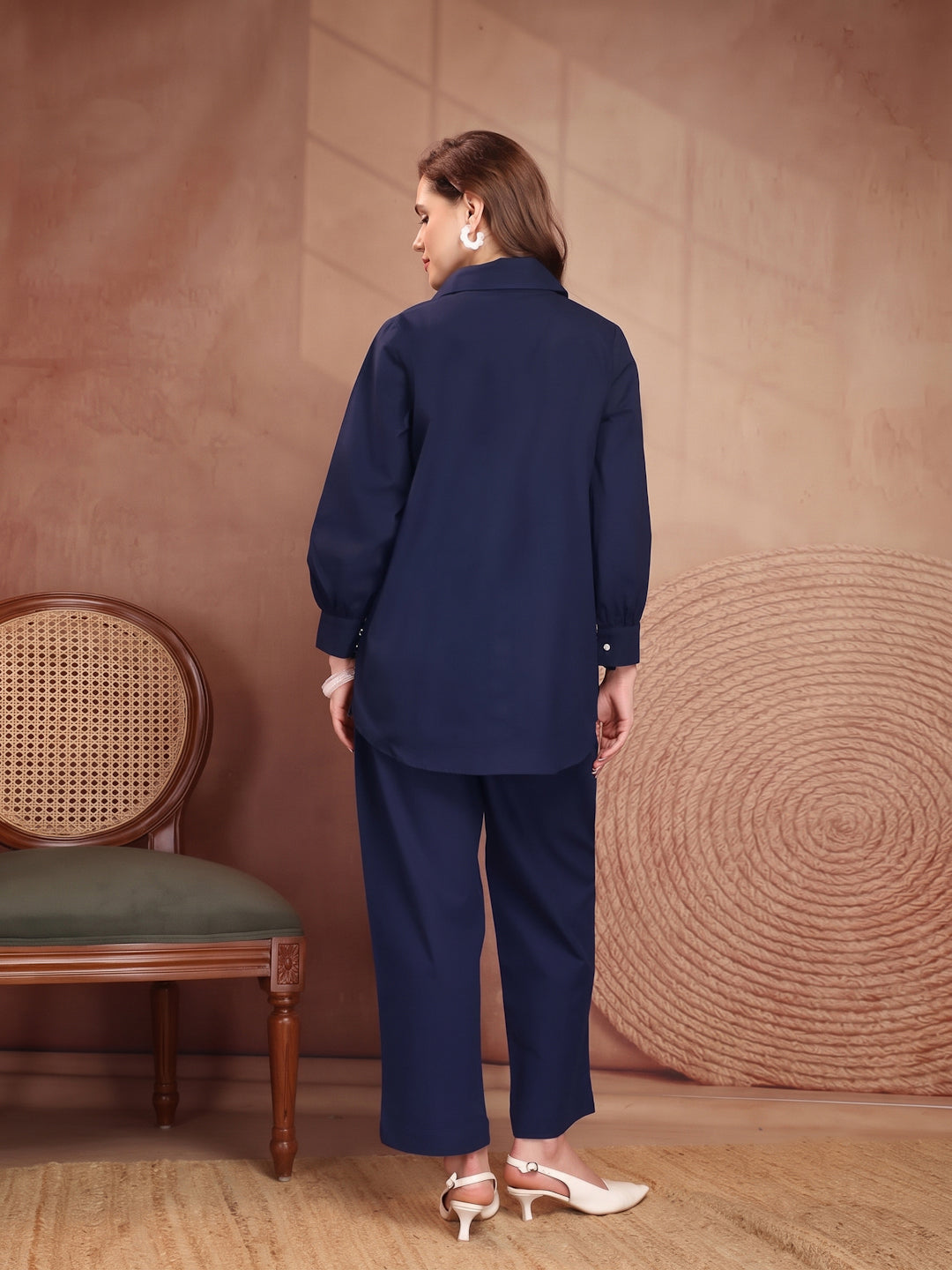 Navy Blue Floral Embroidered Linen Co-Ord Set - view 5
