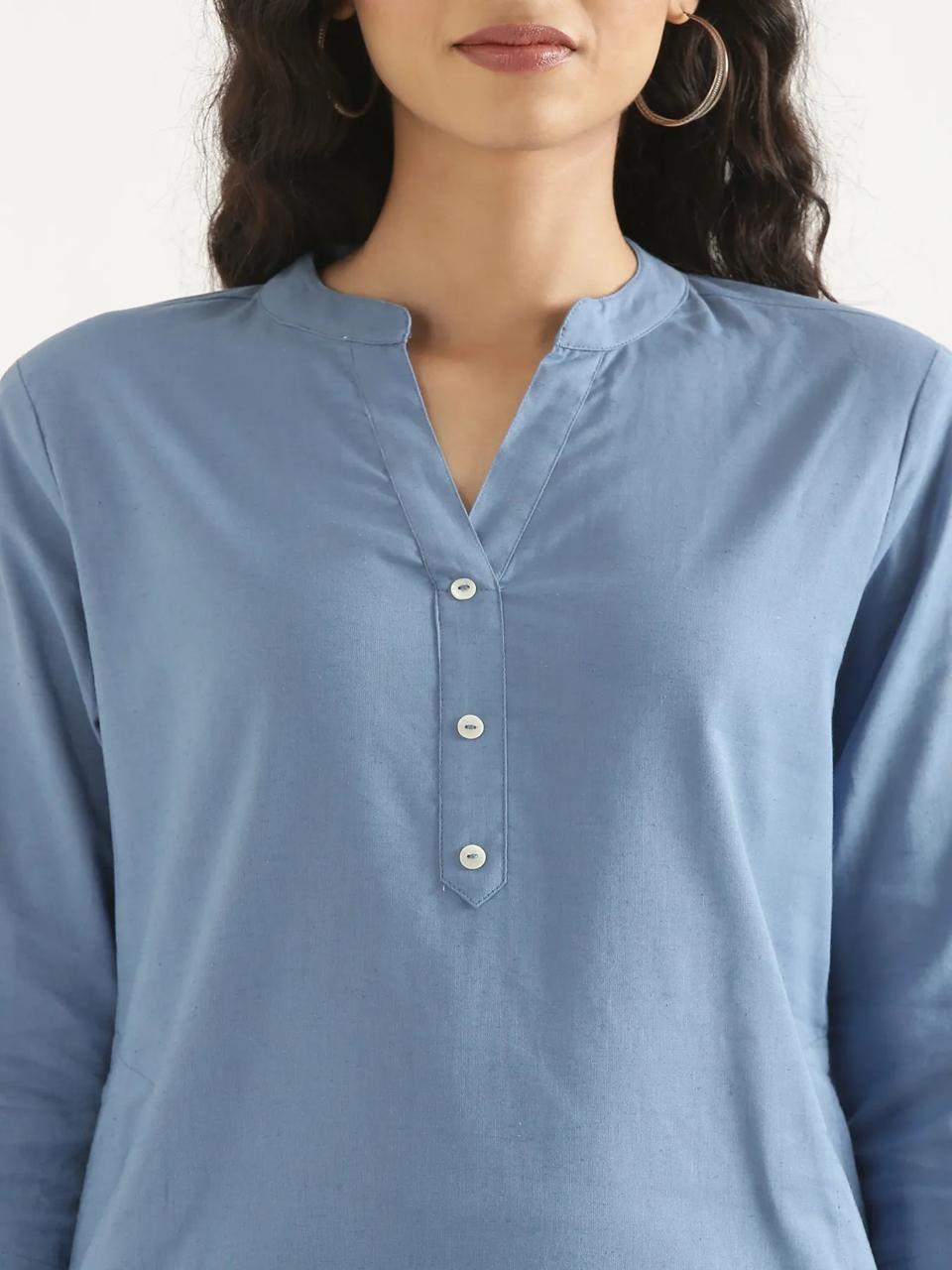 English Blue Mandarin Collar Pure Cotton Kurta - view 4
