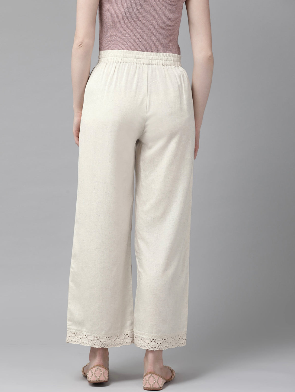 Off-White Palazzo Pants with Lace Hemline - view 3