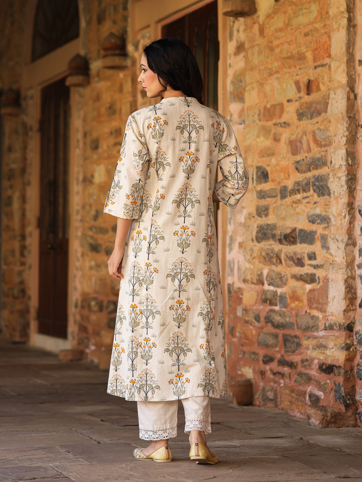 Mustard Floral Print A-Line Cotton Kurta - view 6