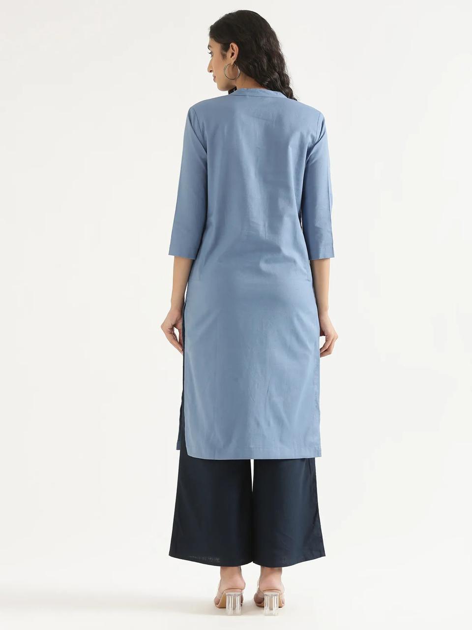 English Blue Mandarin Collar Pure Cotton Kurta - view 3
