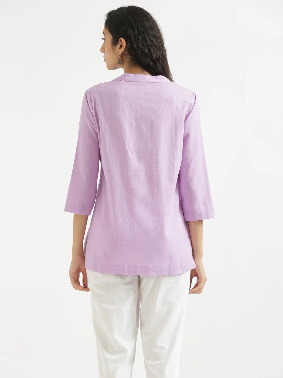 Lilac Mandarin Collar Cotton Short Kurti - view 2