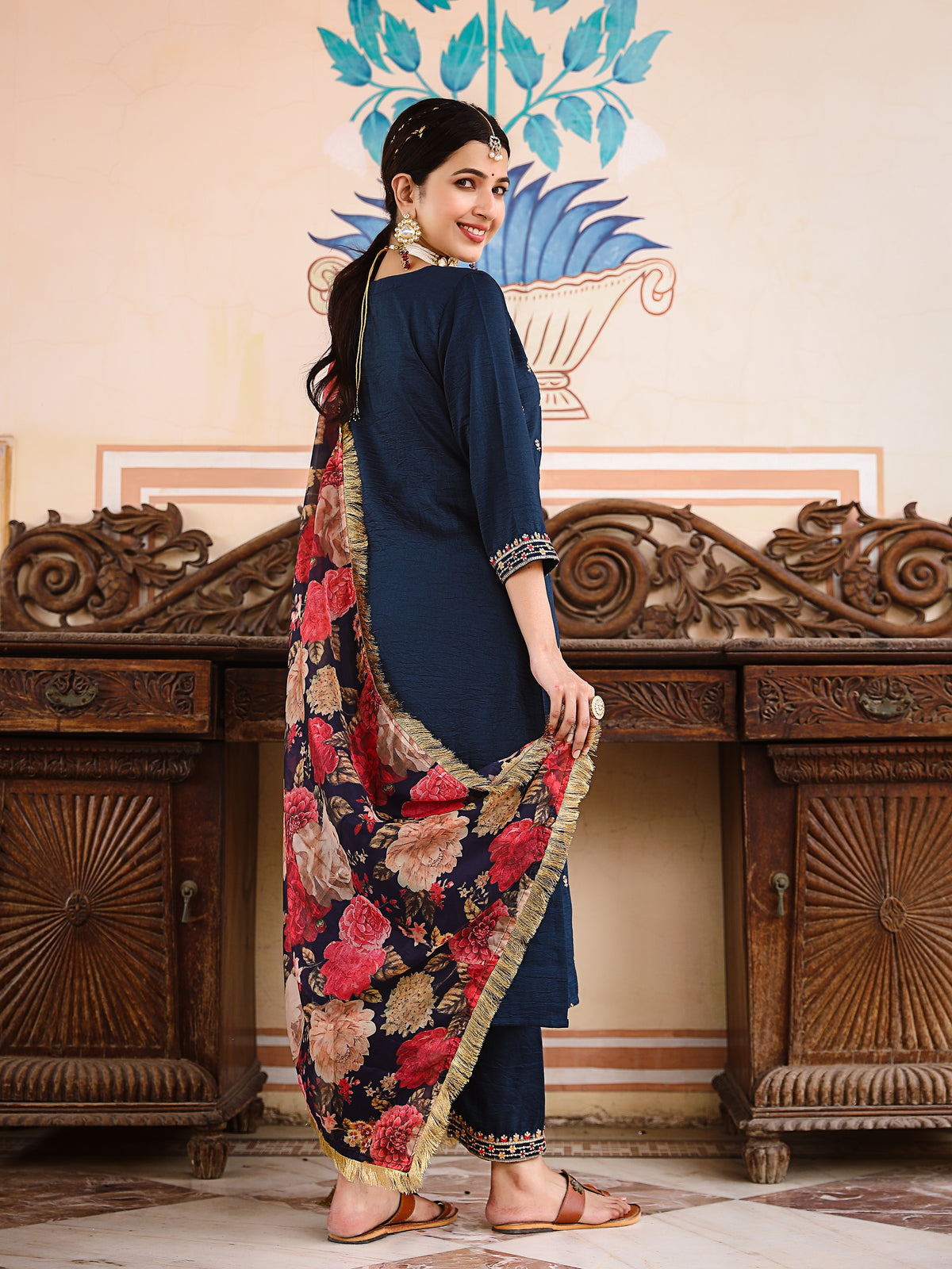 Blue Silk Blend Sequin Embroidered Kurta Set - view 2