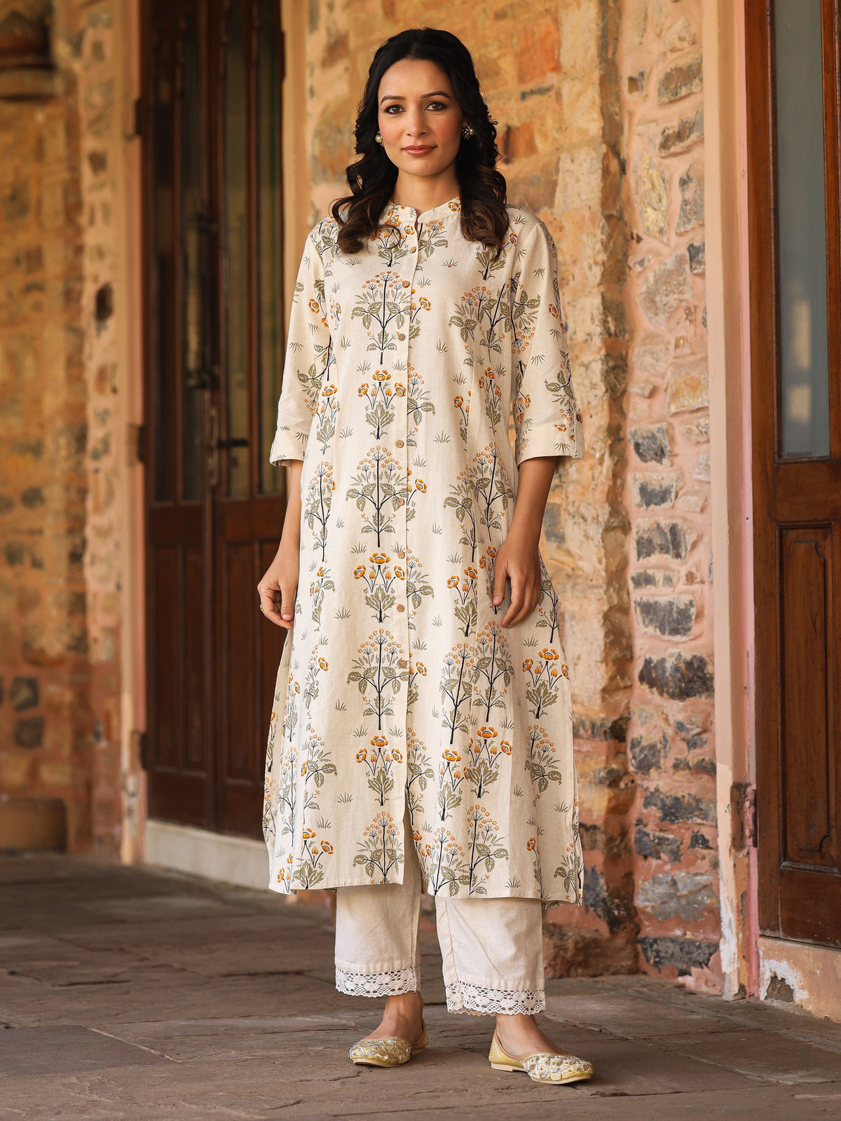 Mustard Floral Print A-Line Cotton Kurta - view 1