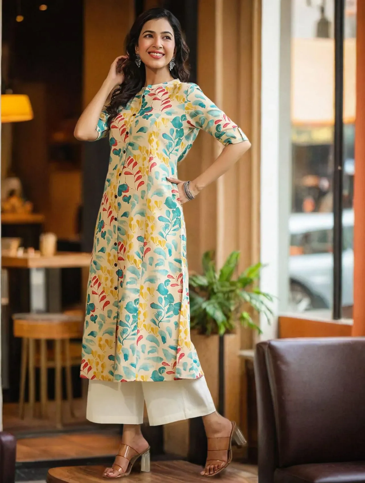 Beige Floral Block Print A-Line Kurta - view 3