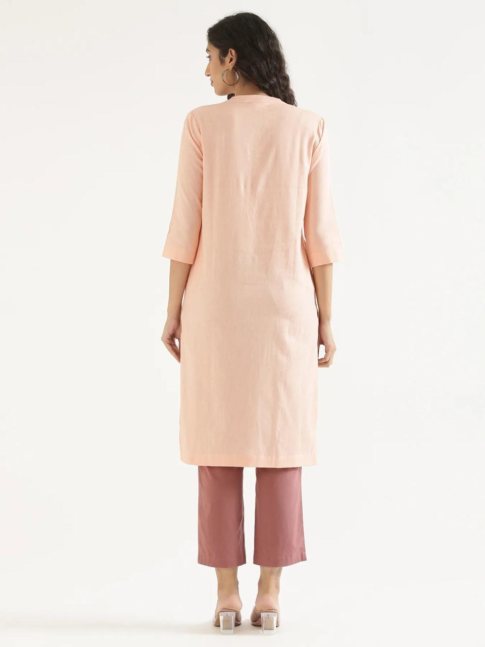 Salmon Pink Mandarin Collar Pure Cotton Kurta - view 4
