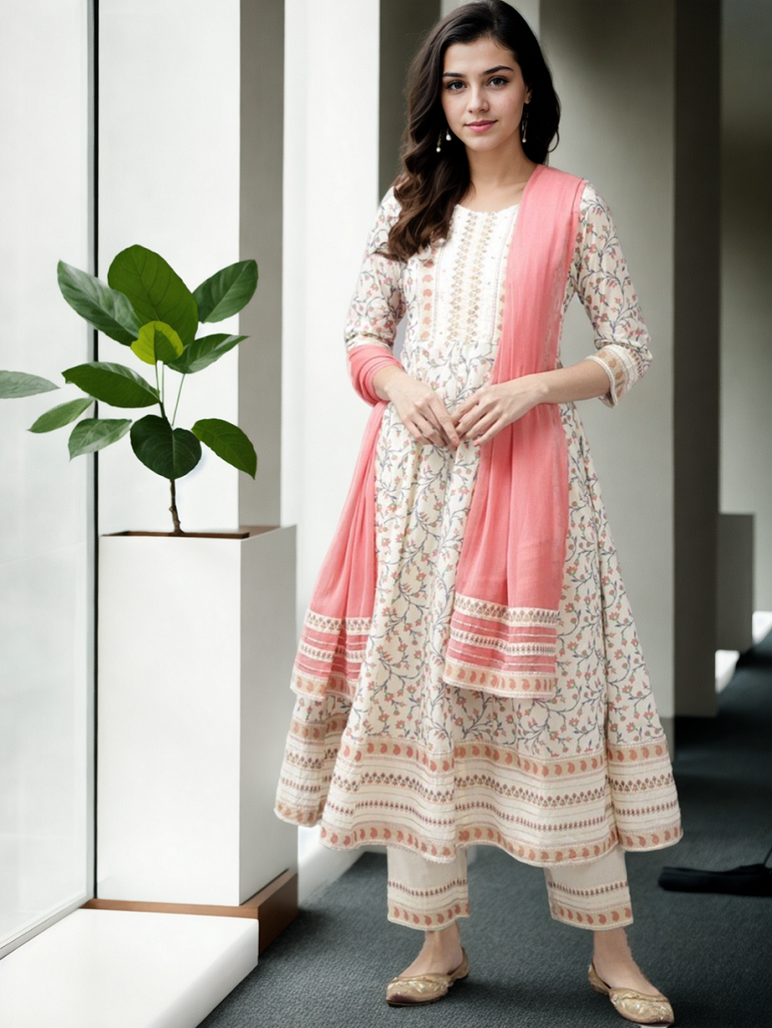 Cream Floral Printed Sequinned Cotton Kurta Set - view 2