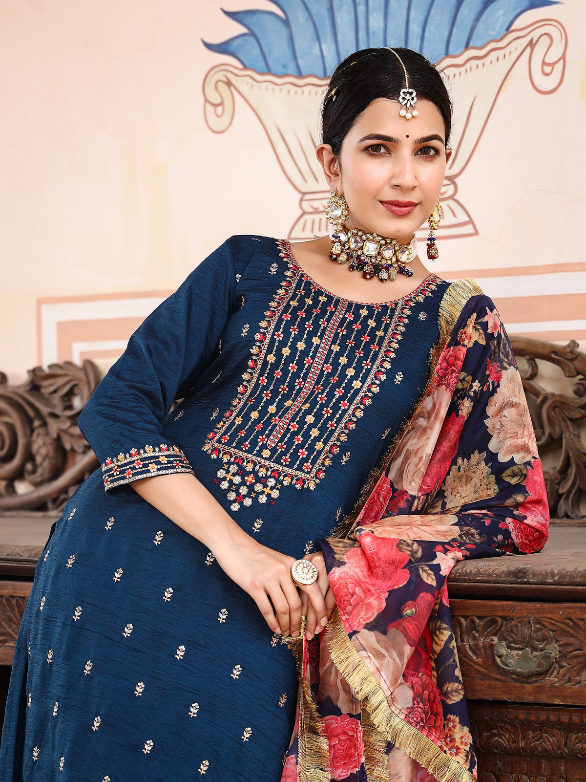 Blue Silk Blend Sequin Embroidered Kurta Set - view 5