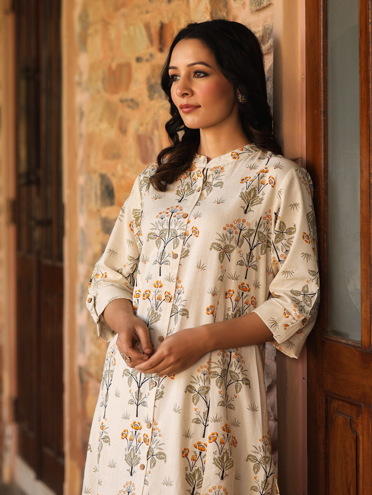 Mustard Floral Print A-Line Cotton Kurta - view 4