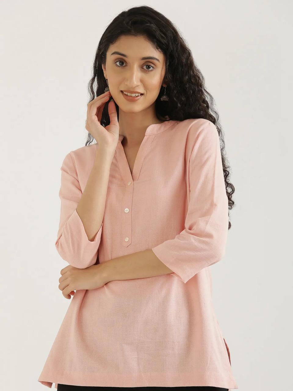 Salmon Pink Mandarin Collar Cotton Short Kurti - view 5