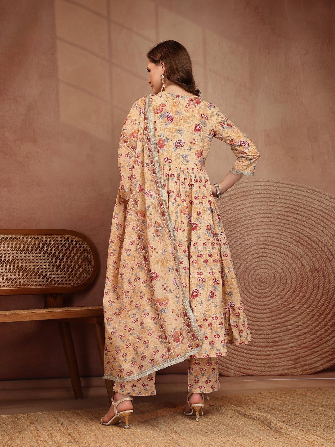 Peach Floral Print Anarkali Kurta Pant Dupatta Set - view 3