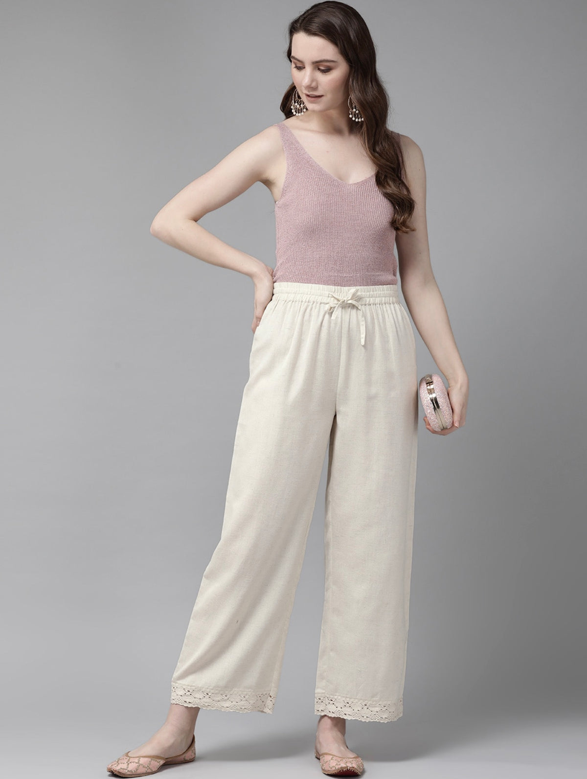 Off-White Lace Detail Palazzo Pants for Women - view 5