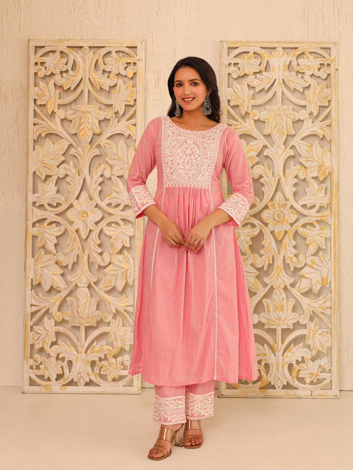 Pink Floral Yoke Pure Cotton Kurta with Trousers - view 1