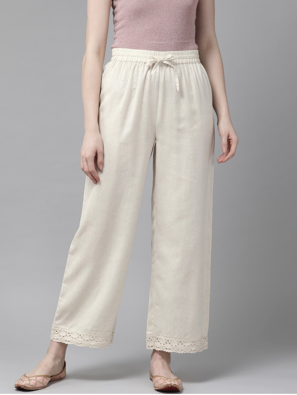 Off-White Palazzo Pants with Lace Hemline - view 1