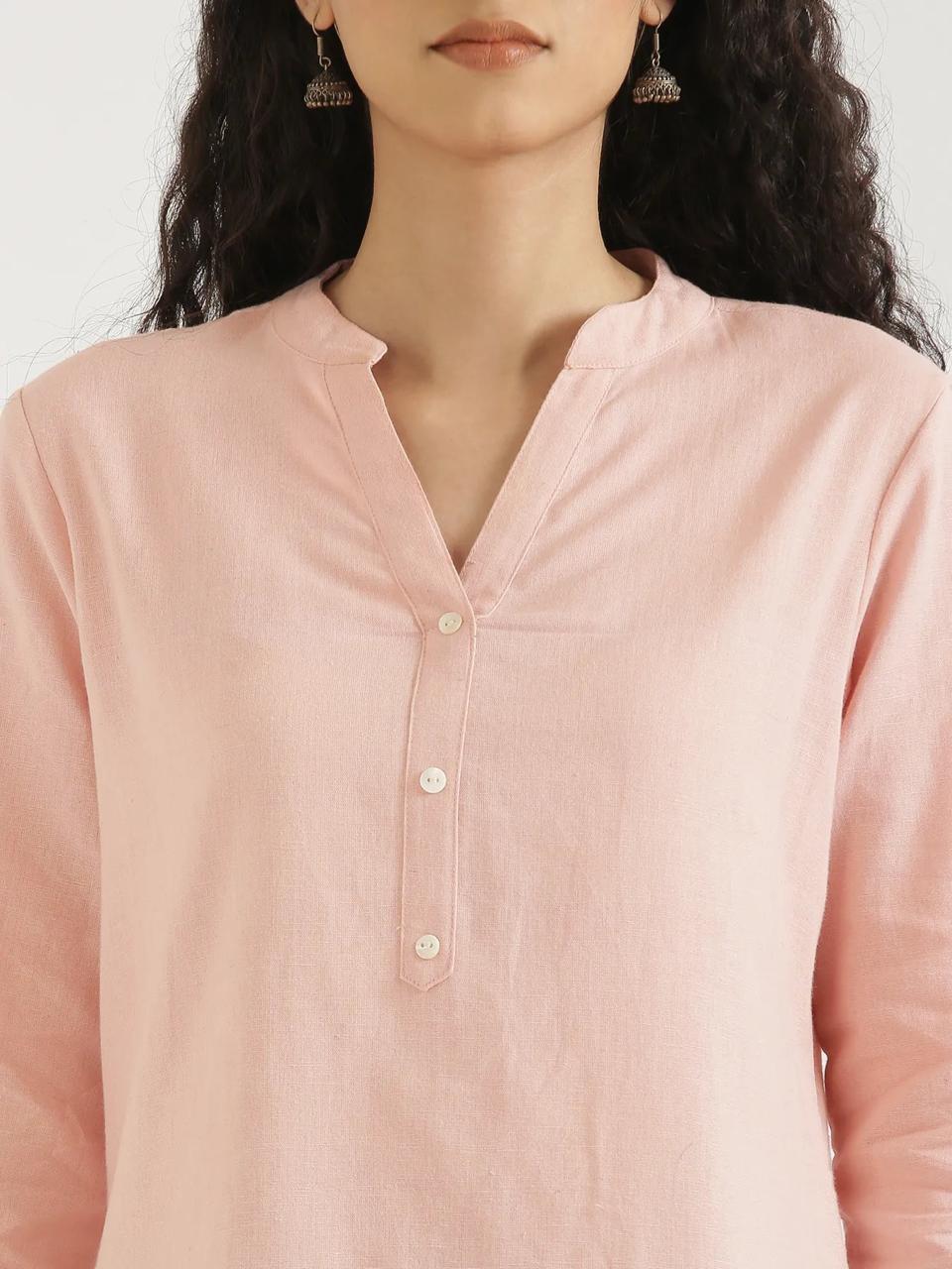 Salmon Pink Mandarin Collar Cotton Short Kurti - view 4