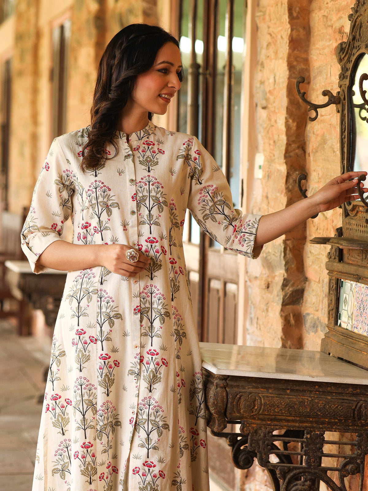 Pink Floral Print A-Line Cotton Kurta - view 4