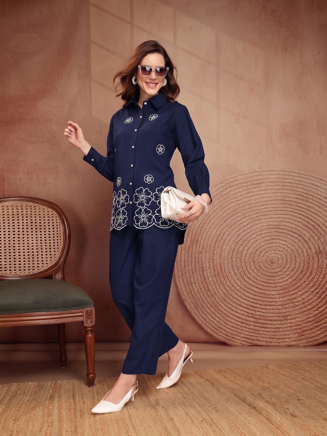 Navy Blue Floral Embroidered Linen Co-Ord Set - view 2