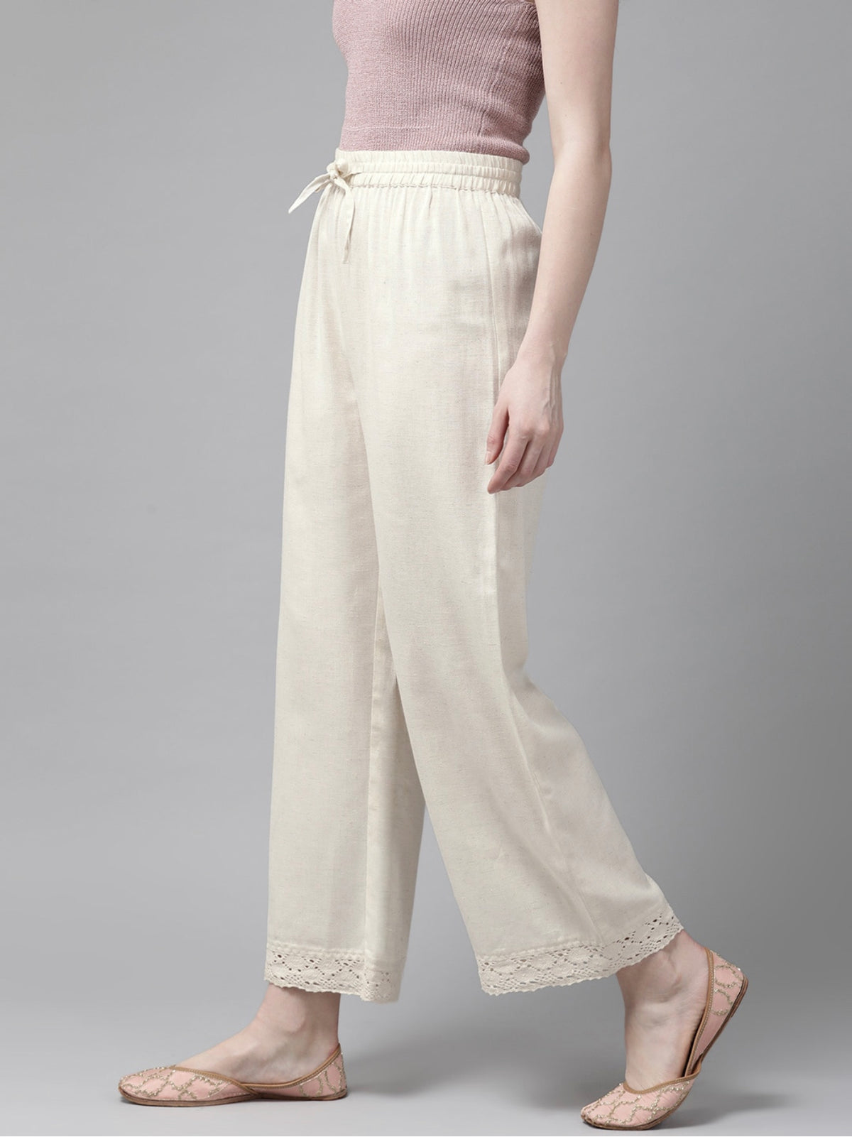 Off-White Lace Detail Palazzo Pants for Women - view 2