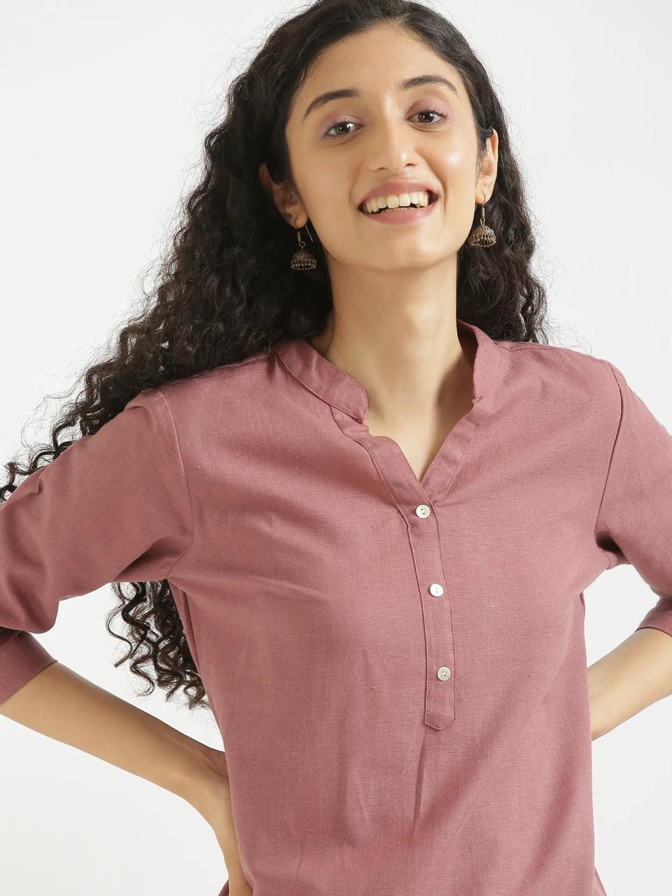 Rose Taupe Mandarin Collar Cotton Short Kurti - view 6
