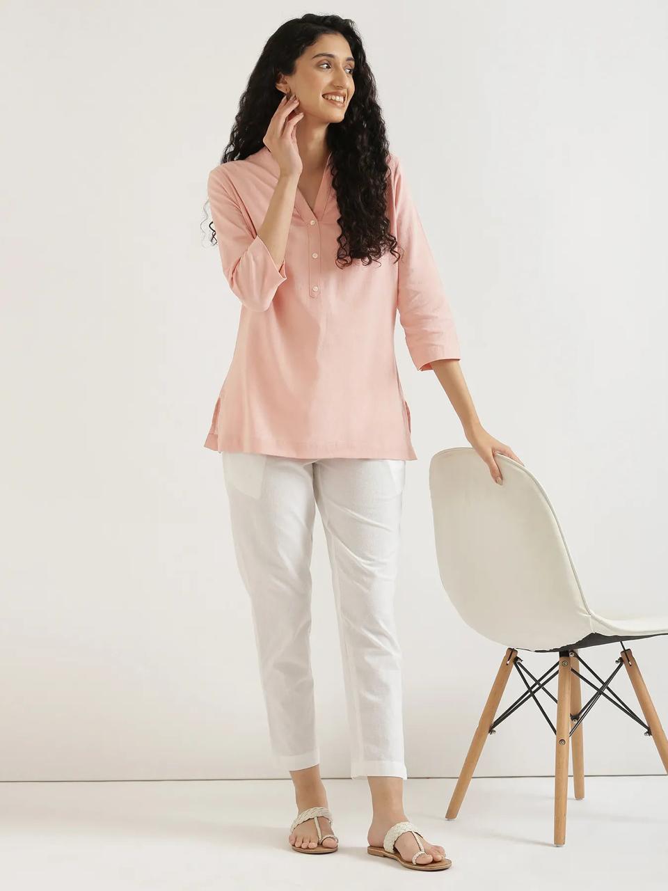 Salmon Pink Mandarin Collar Cotton Short Kurti - view 1