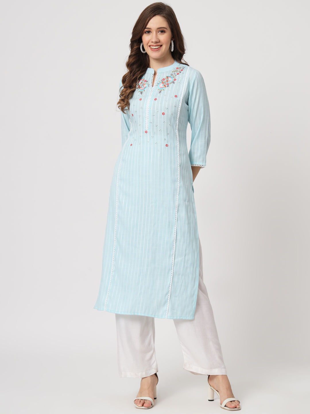 Sky Blue Embroidered Viscose Straight Kurta - view 1
