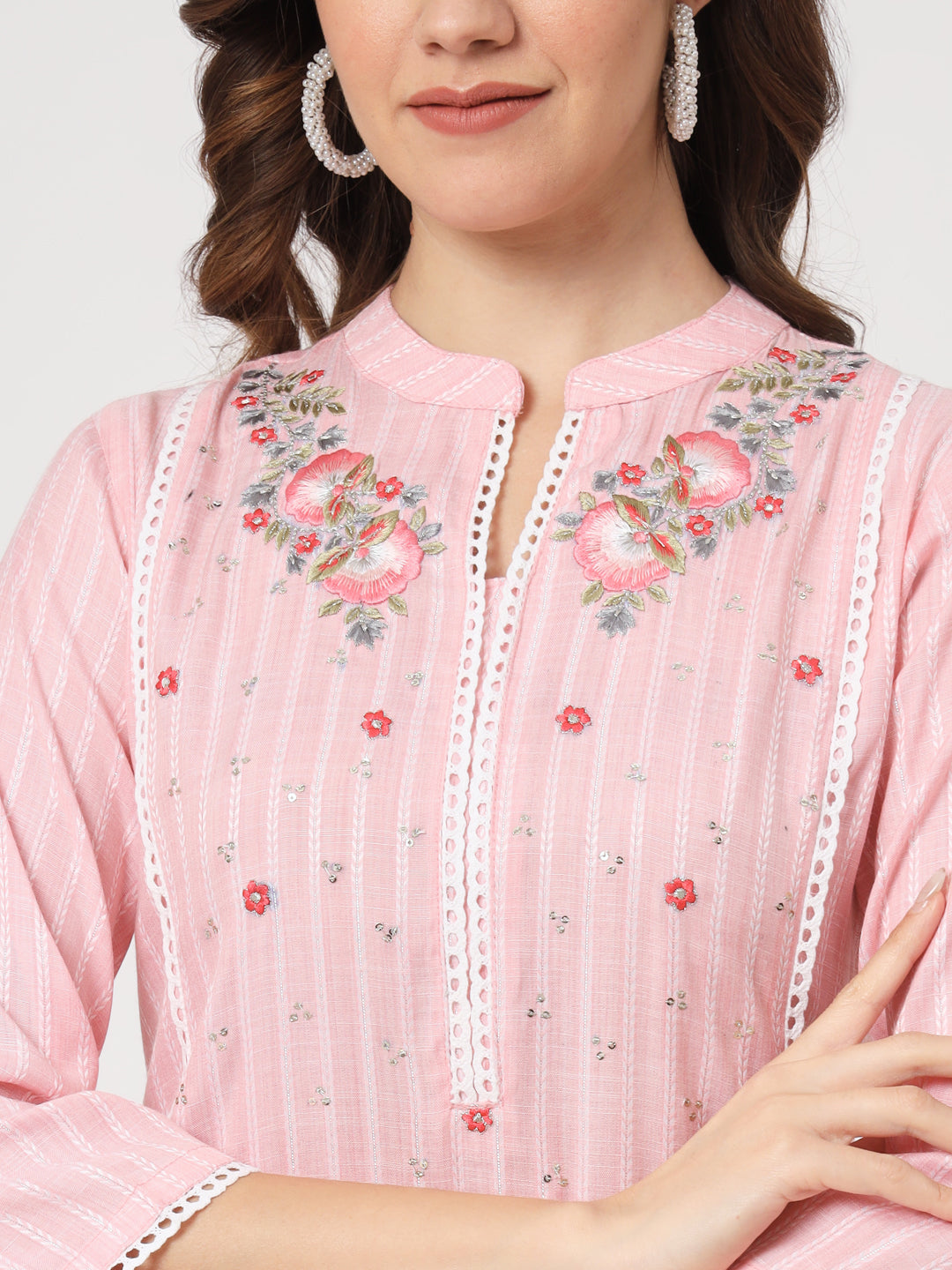 Baby Pink Embroidered Viscose Straight Kurta - view 6