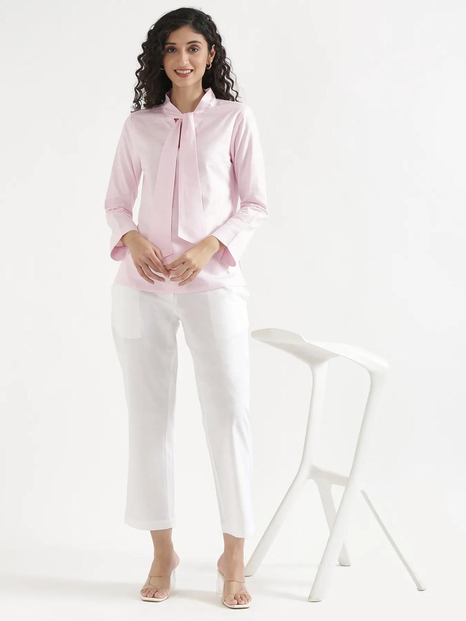 Blush Pink Linen Blend Short Kurti with Tie-Up Neck - view 1