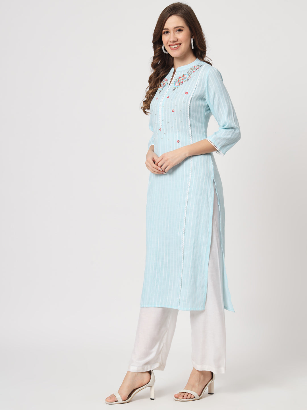Sky Blue Embroidered Viscose Straight Kurta - view 2