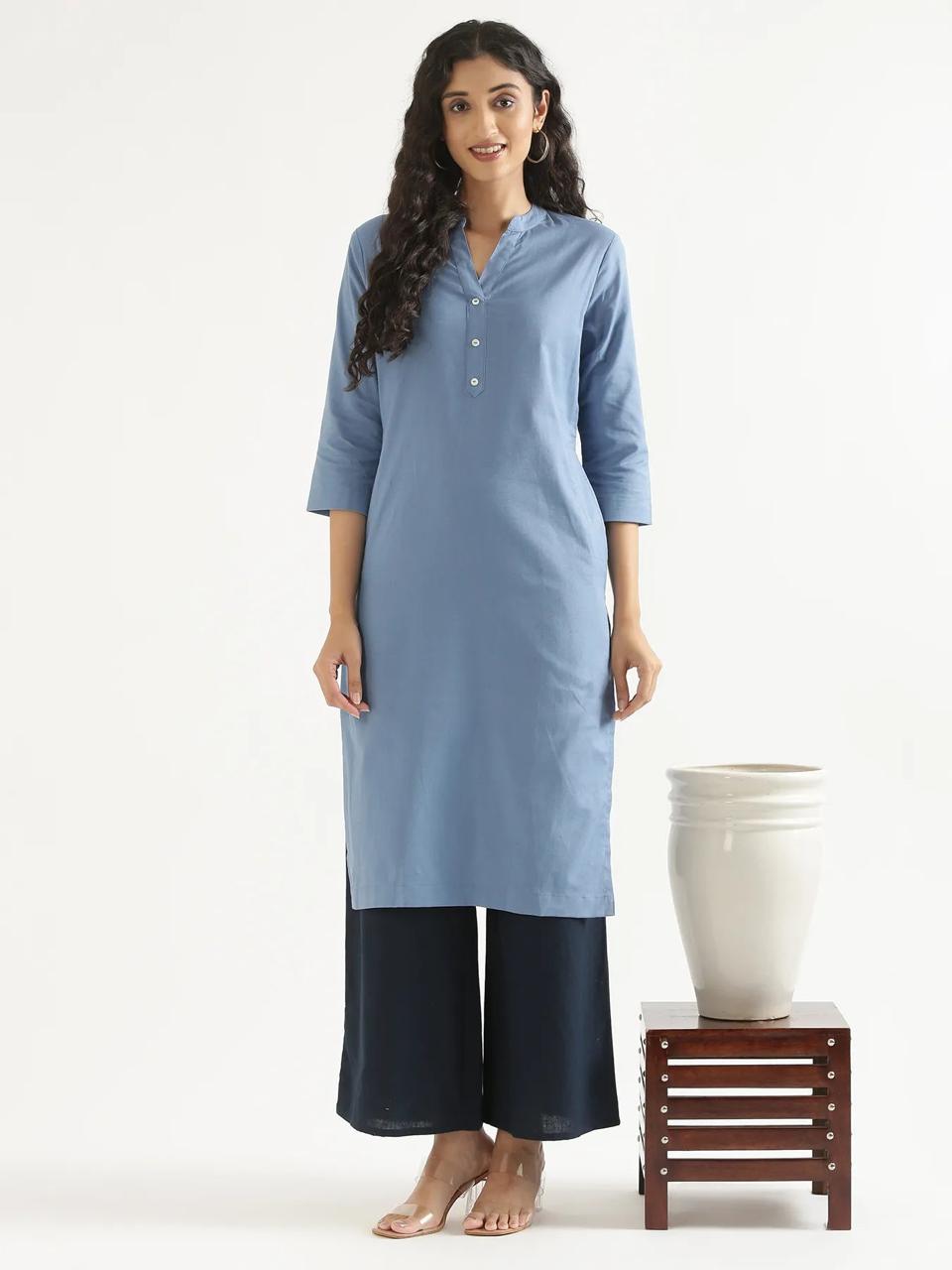 English Blue Mandarin Collar Pure Cotton Kurta - view 1