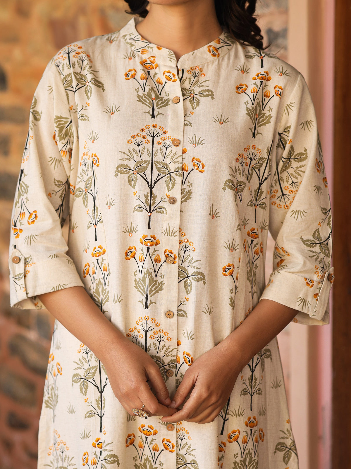 Mustard Floral Print A-Line Cotton Kurta - view 5