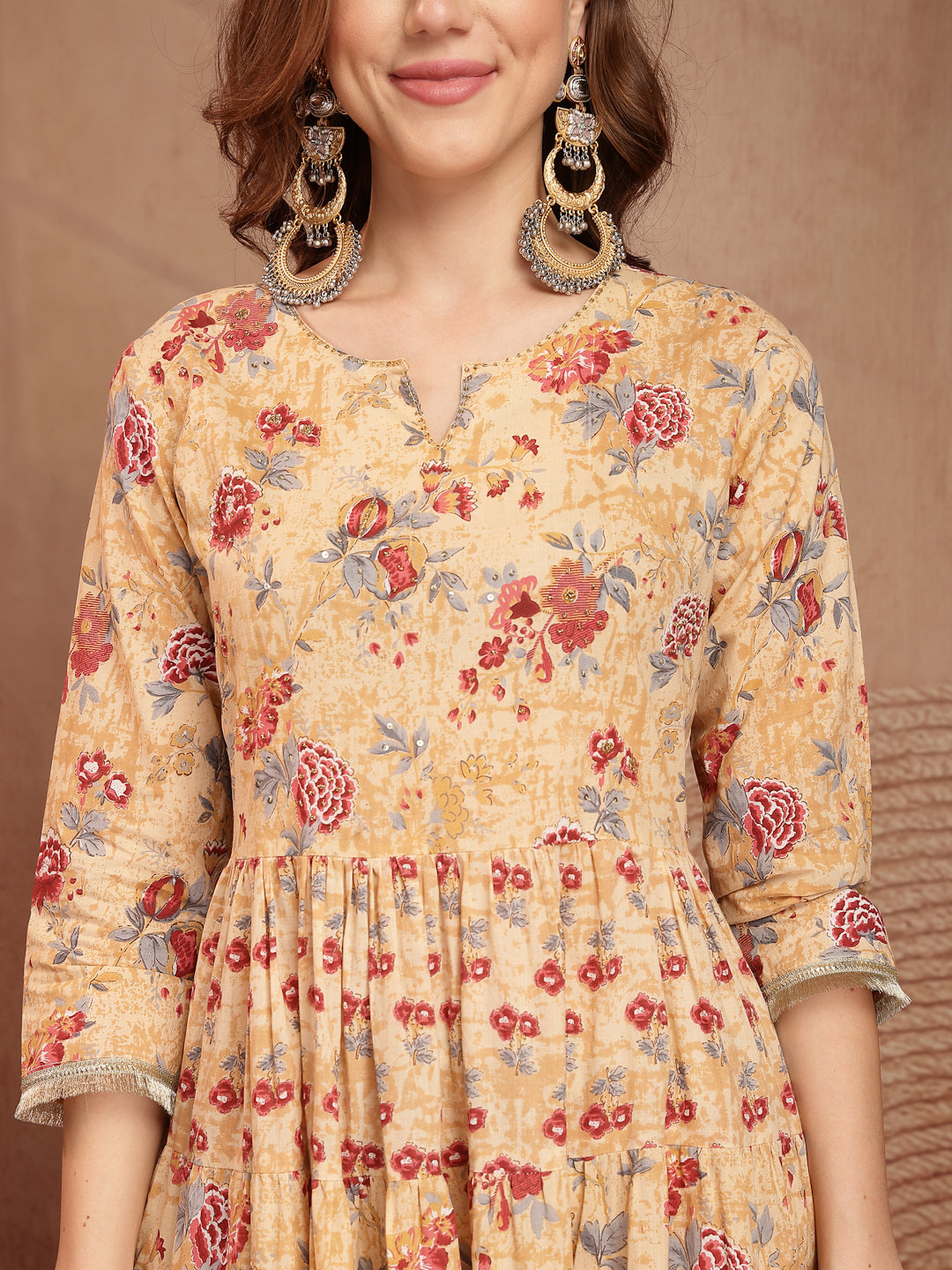 Peach Floral Print Anarkali Kurta Pant Dupatta Set - view 4