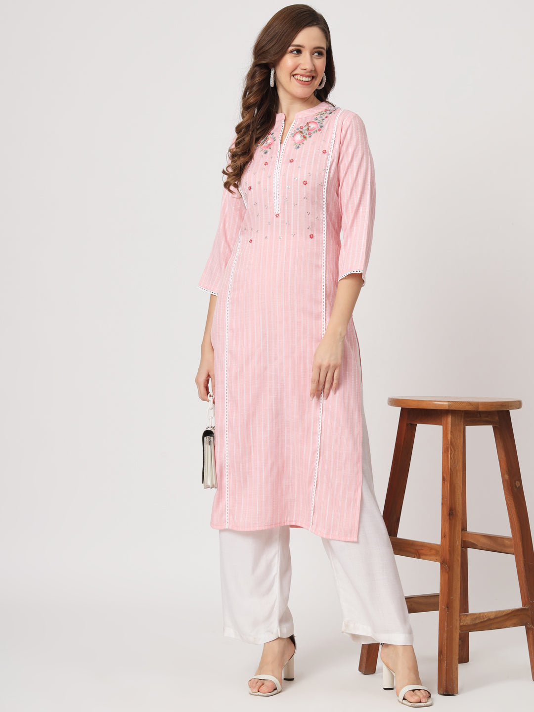 Baby Pink Embroidered Viscose Straight Kurta - view 4