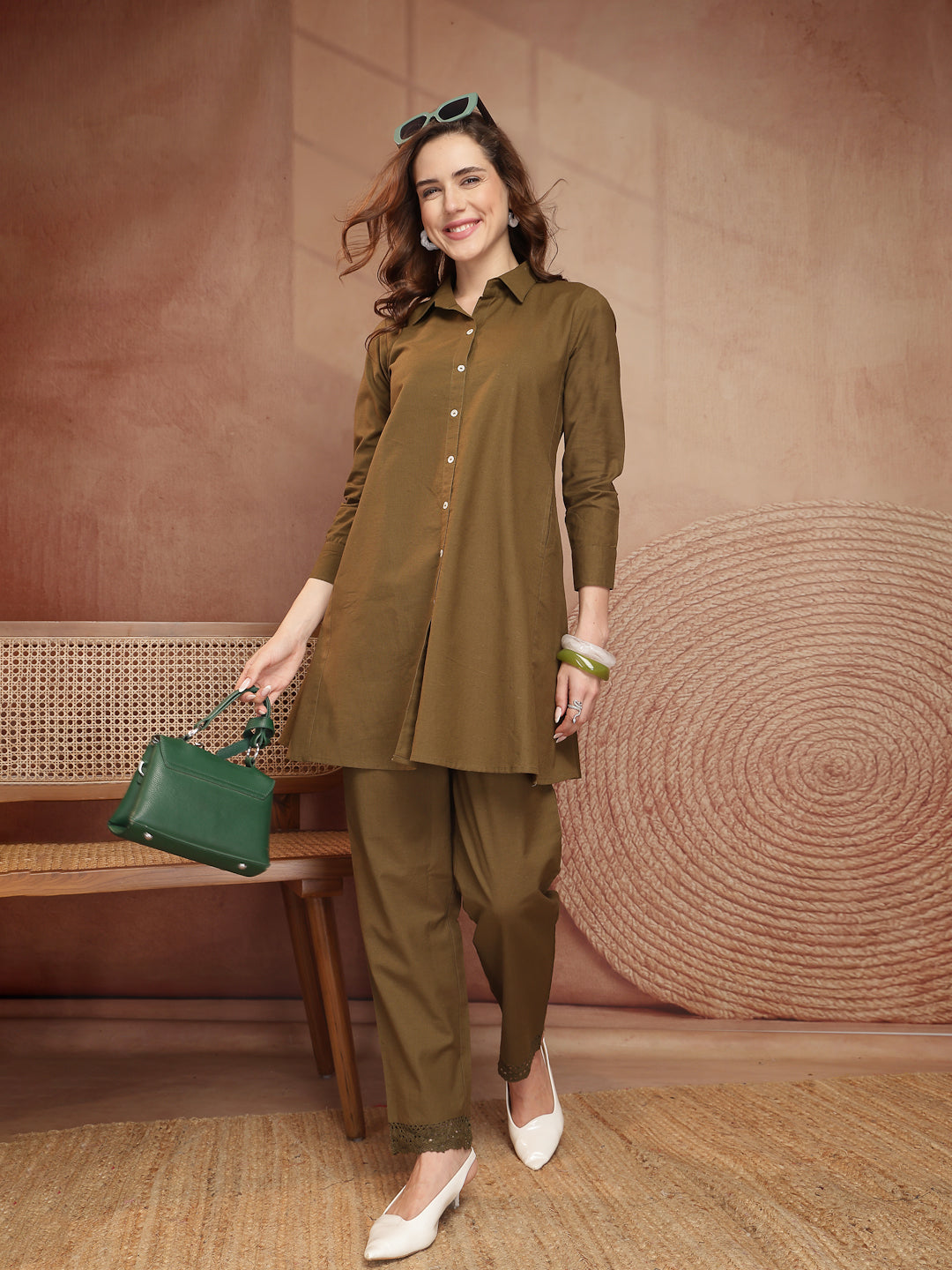 Olive Green Cotton Linen Shirt Pant Co-Ord Set - view 1
