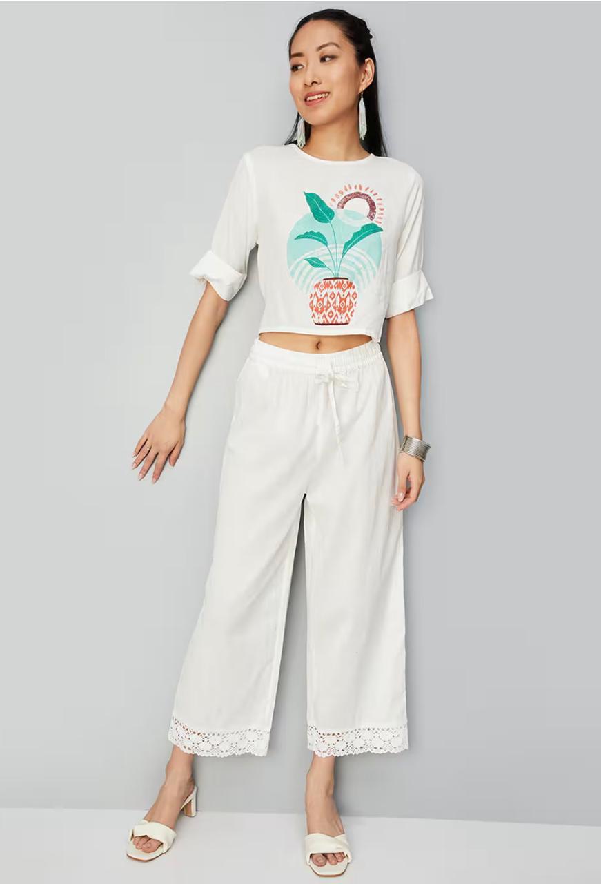 White Lace Detail Palazzo Pants for Women - view 1