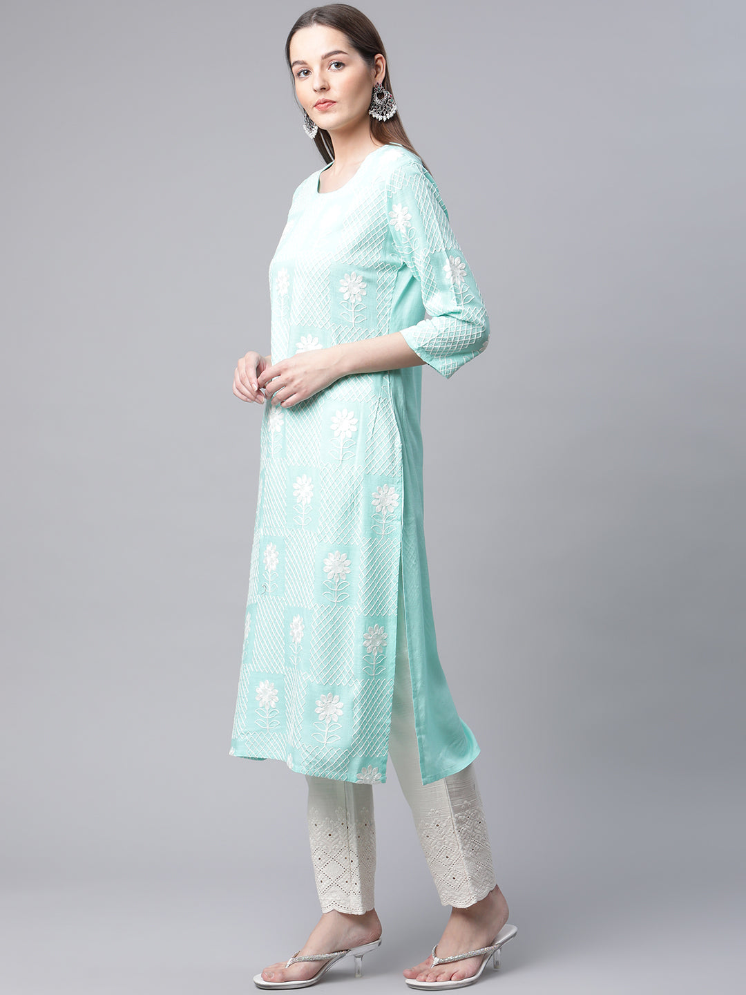 Women's Turquoise Blue Floral Kurta - view 3