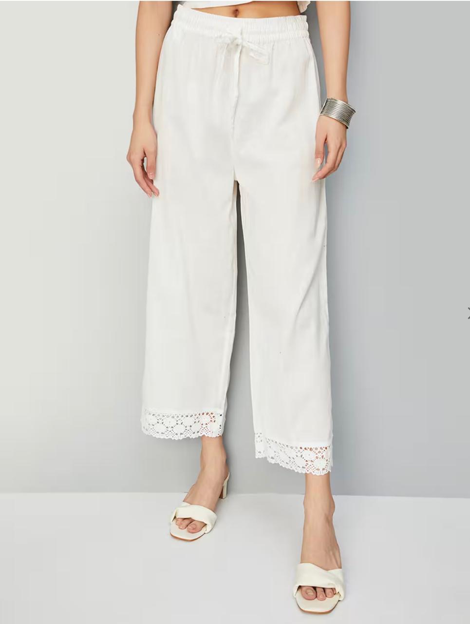 White Lace Detail Palazzo Pants for Women - view 2