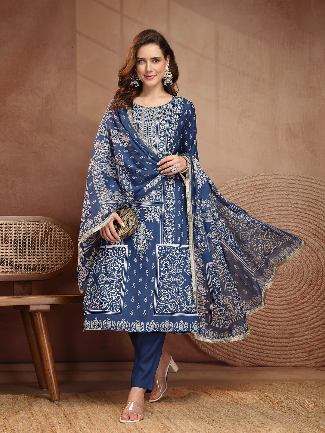 Royal Blue Printed Kurta Pant Dupatta Set - view 2