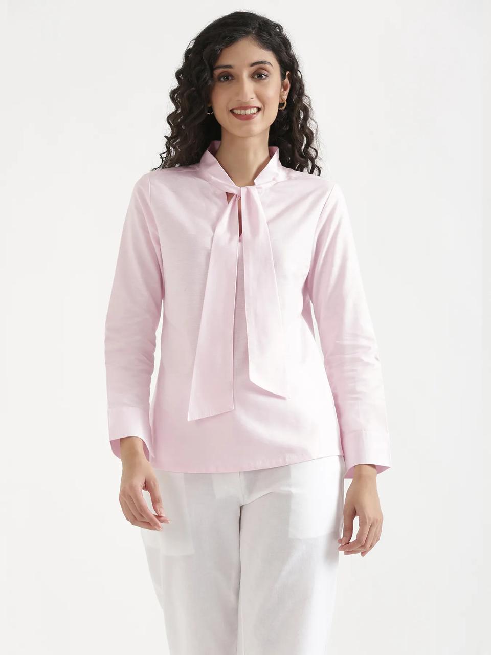 Blush Pink Linen Blend Short Kurti with Tie-Up Neck - view 5