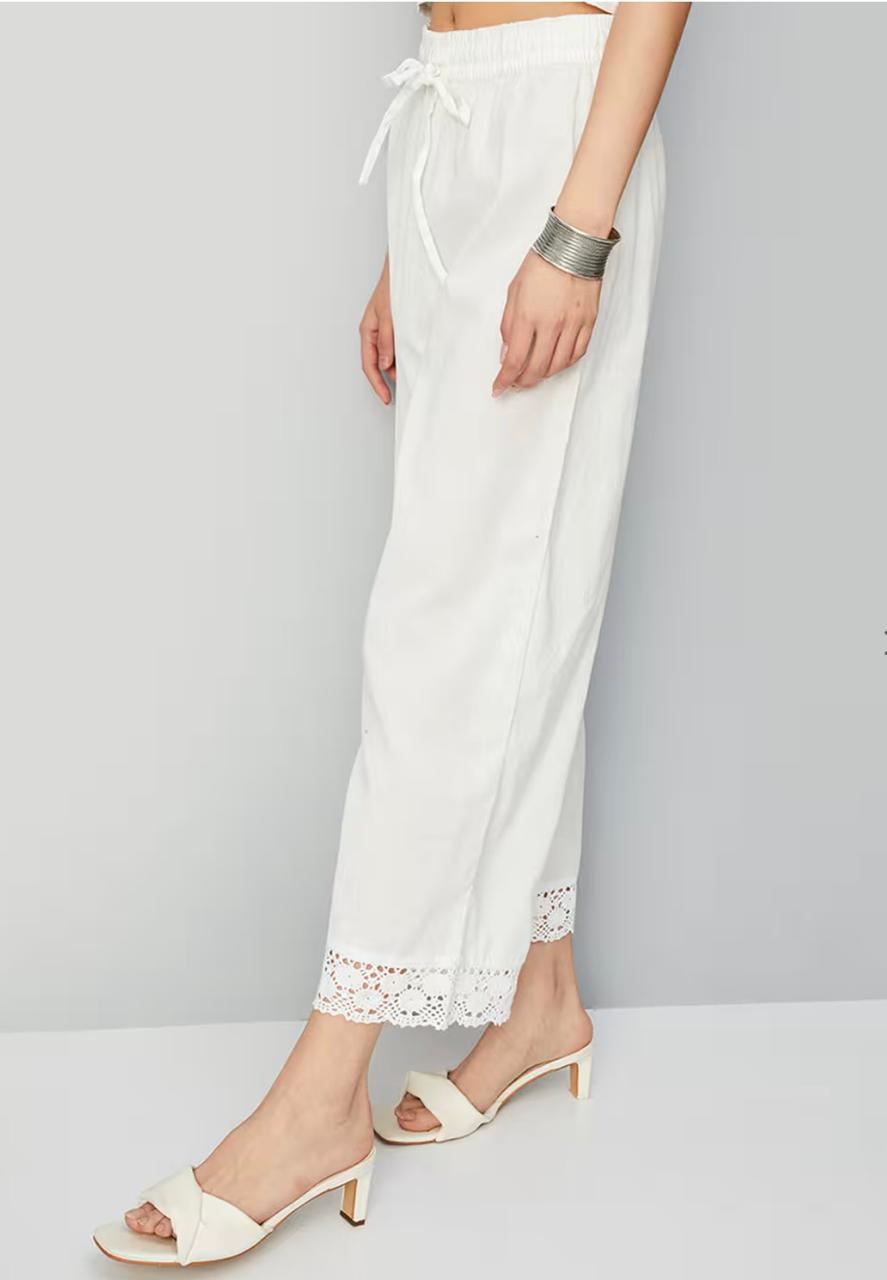 White Lace Detail Palazzo Pants for Women - view 5