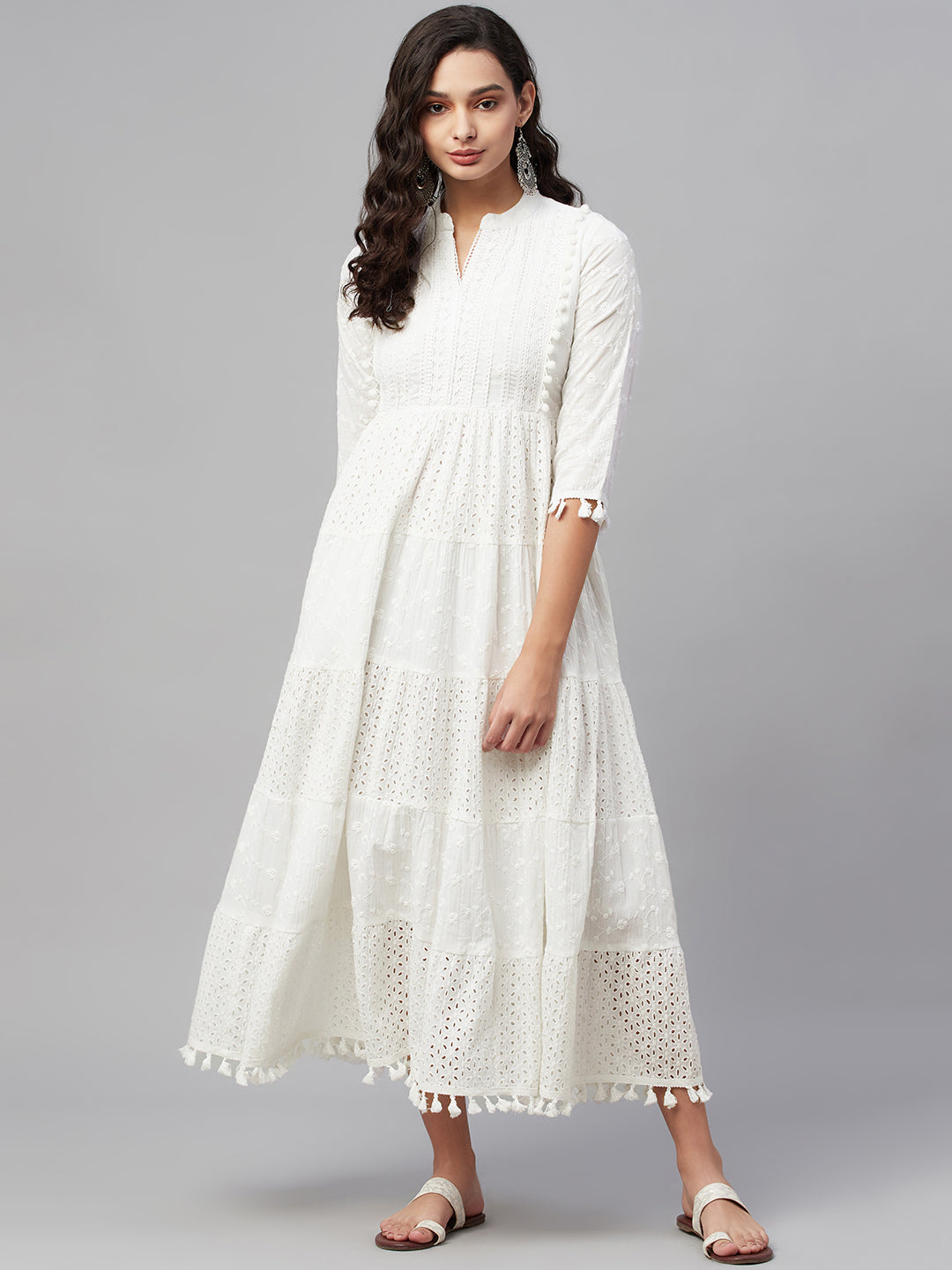 White Schiffli Embroidered Flared Gown for Women - view 1