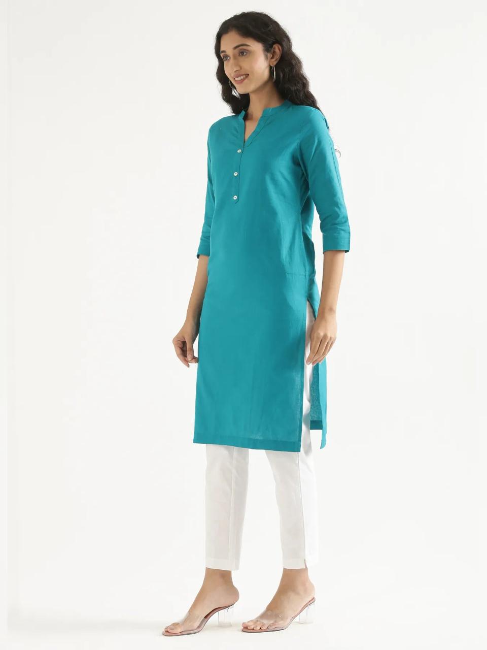 Teal Mandarin Collar Pure Cotton Kurta - view 2