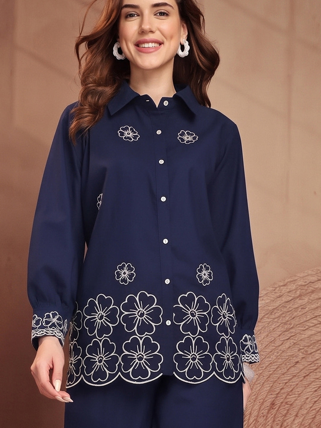 Navy Blue Floral Embroidered Linen Co-Ord Set - view 6