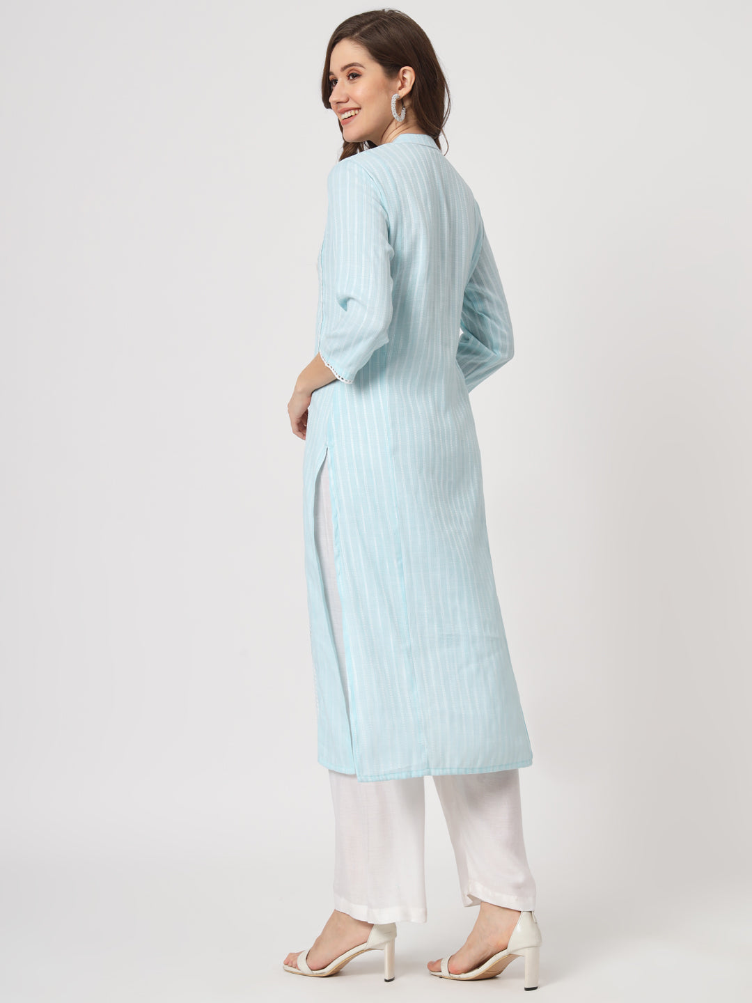 Sky Blue Embroidered Viscose Straight Kurta - view 5