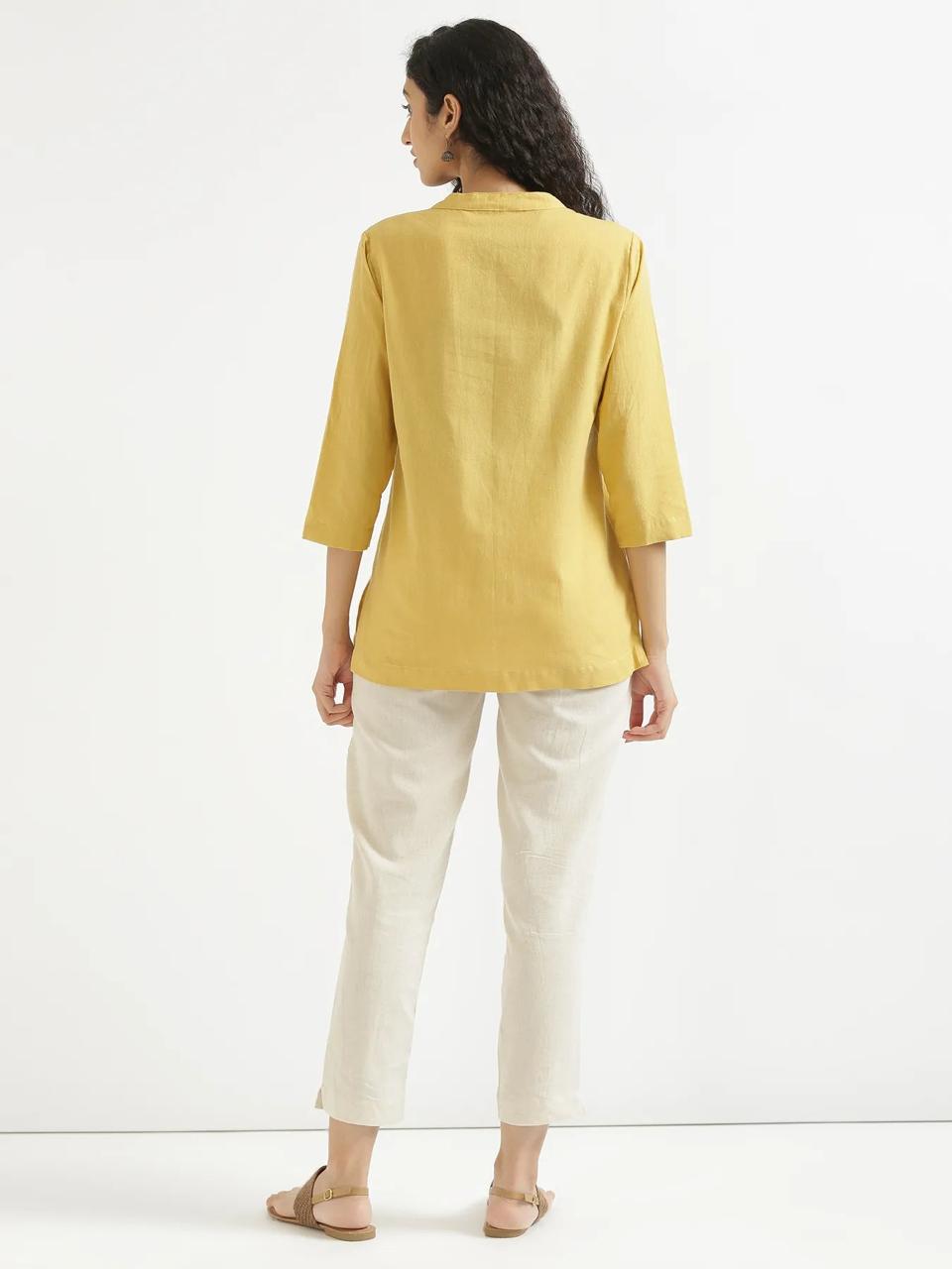 Yellow Mandarin Collar Cotton Short Kurti - view 5