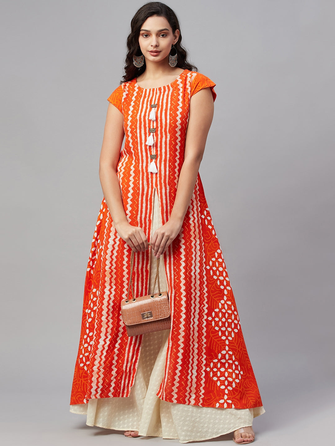 Orange Printed Flared Gown with Inner - view 6