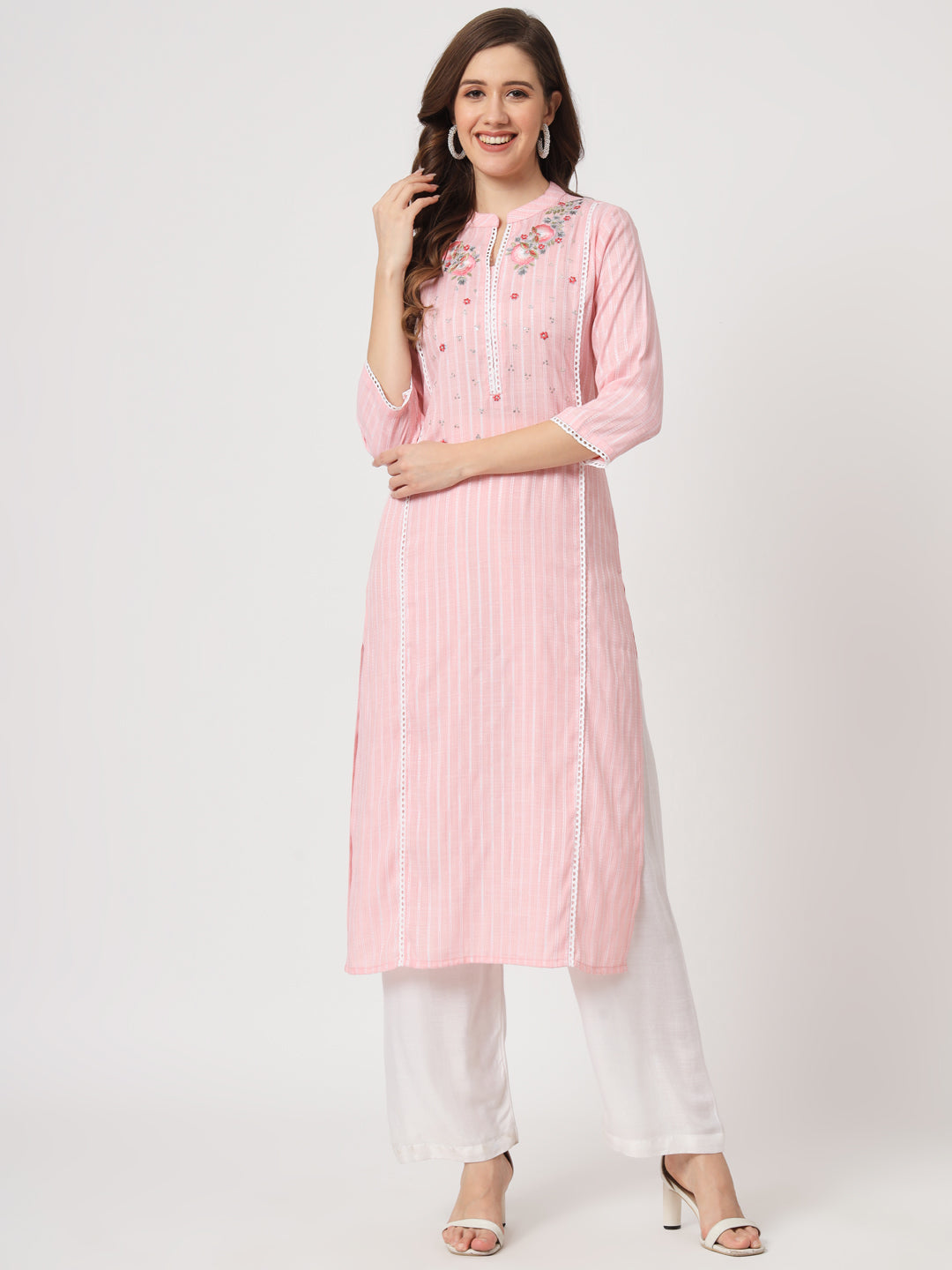 Baby Pink Embroidered Viscose Straight Kurta - view 1