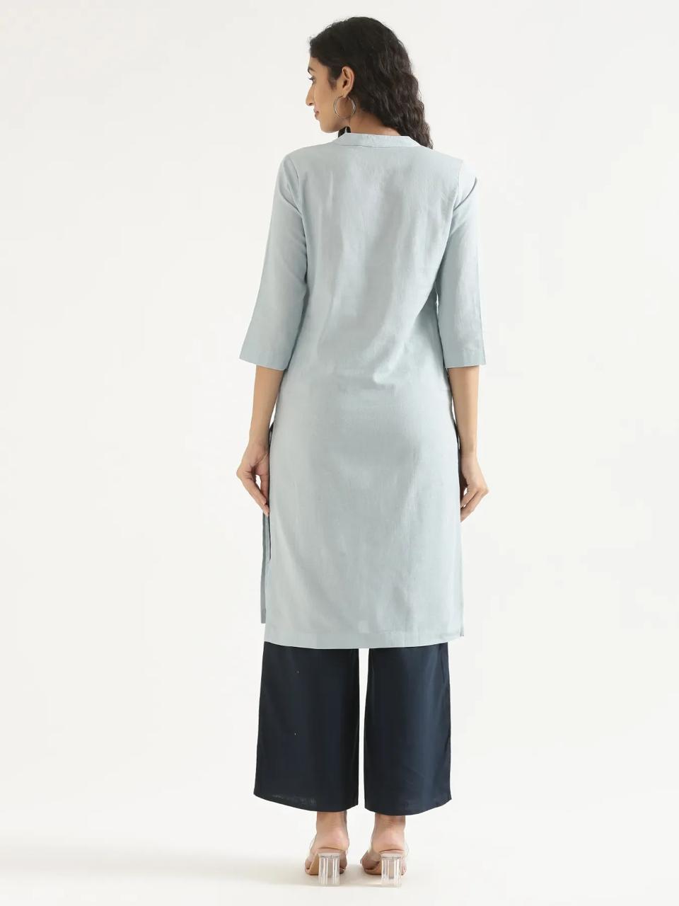 Sky Blue Mandarin Collar Pure Cotton Kurta - view 3